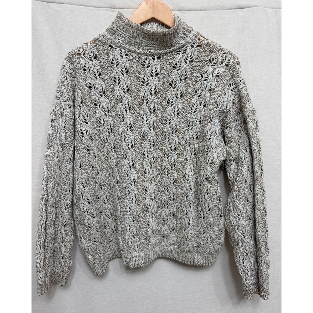 David Brett Cable Knit Mock Neck Cotton Blend Sweater Womens L Beige Cottagecore